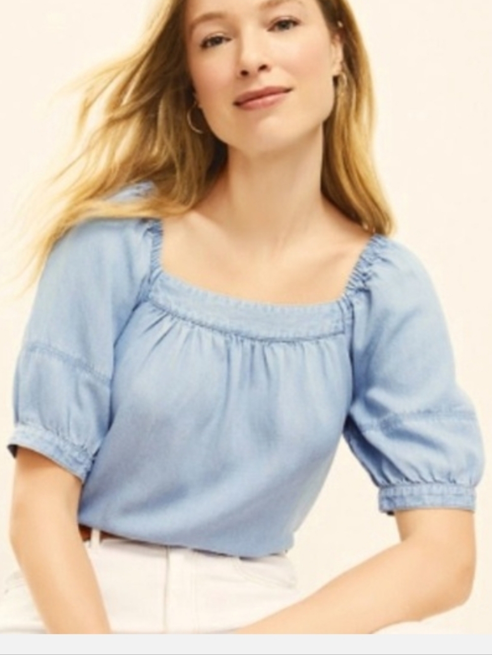 Loft Chambray Puff Sleeve Blouse In Light Blue